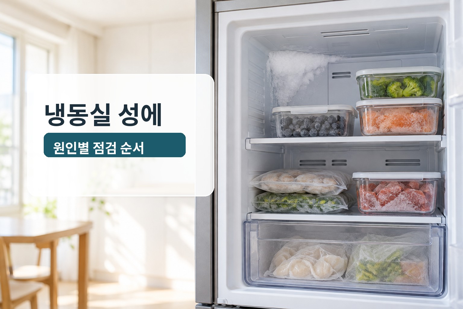 냉동실 안쪽에 생긴 성에와 밀폐 용기를 보여 주는 대표 이미지. 문구: 냉동실 성에, 원인별 점검 순서.