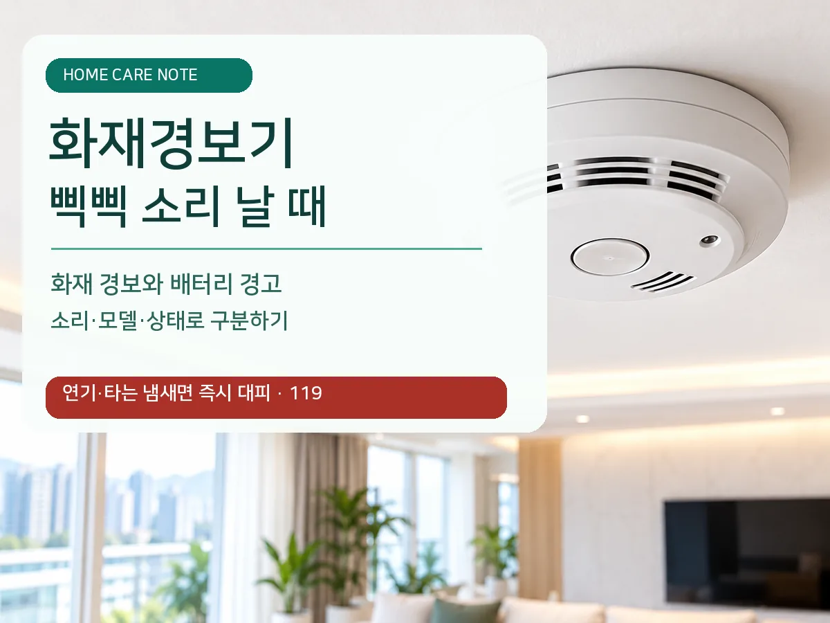 집 안 천장 화재경보기와 화재 경보·배터리 경고 구분법, 연기나 타는 냄새가 나면 즉시 대피하고 119 신고 문구를 담은 한국어 대표 이미지