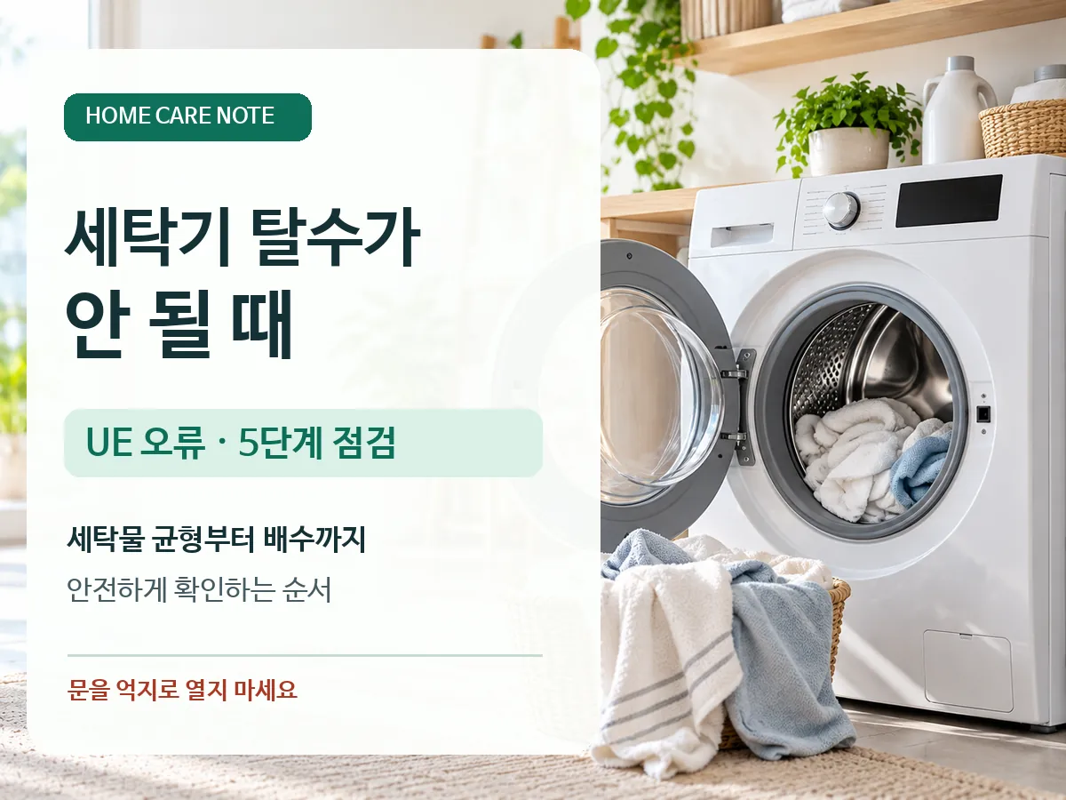 세탁기 탈수가 안 될 때: UE 오류·배수·수평 5단계 점검