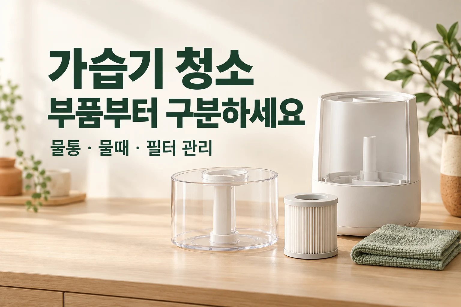 가습기 청소, 부품부터 구분하세요라는 문구와 분리한 물통·필터·가습기 본체