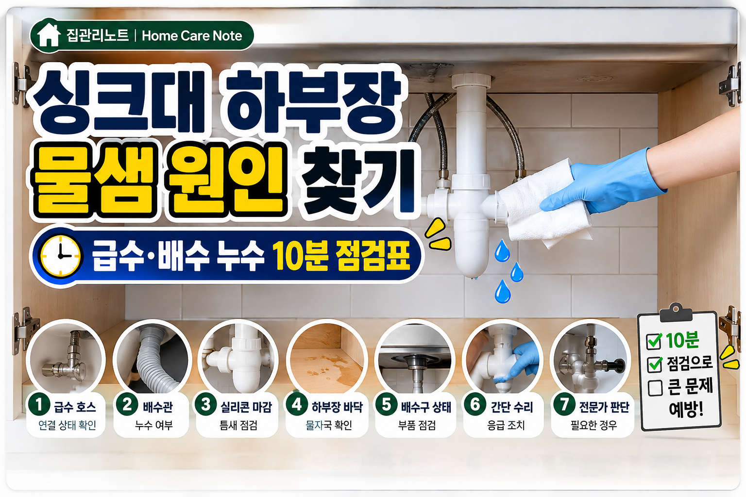 싱크대 하부장 물샘 원인 찾기 급수 배수 누수 10분 점검표