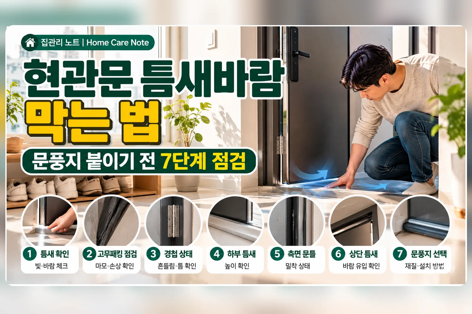 현관문 틈새바람 막는 법, 문풍지 붙이기 전 7단계 점검 제목과 문턱 누풍 점검 장면